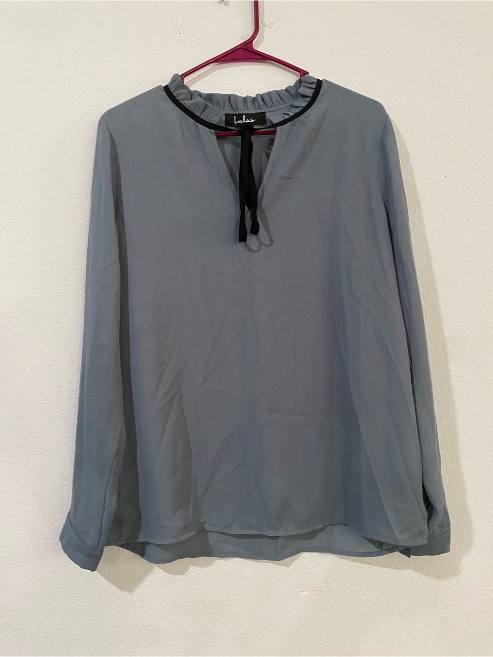 Lulu's Slate Gray Long-Sleeve Ruffle Tie Neck Blouse